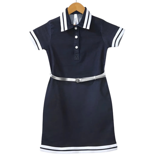 Girl's Denim Lycra Ribbed Elasticated Dress With Belt (navy Blue White) | Kids Signature Collection
