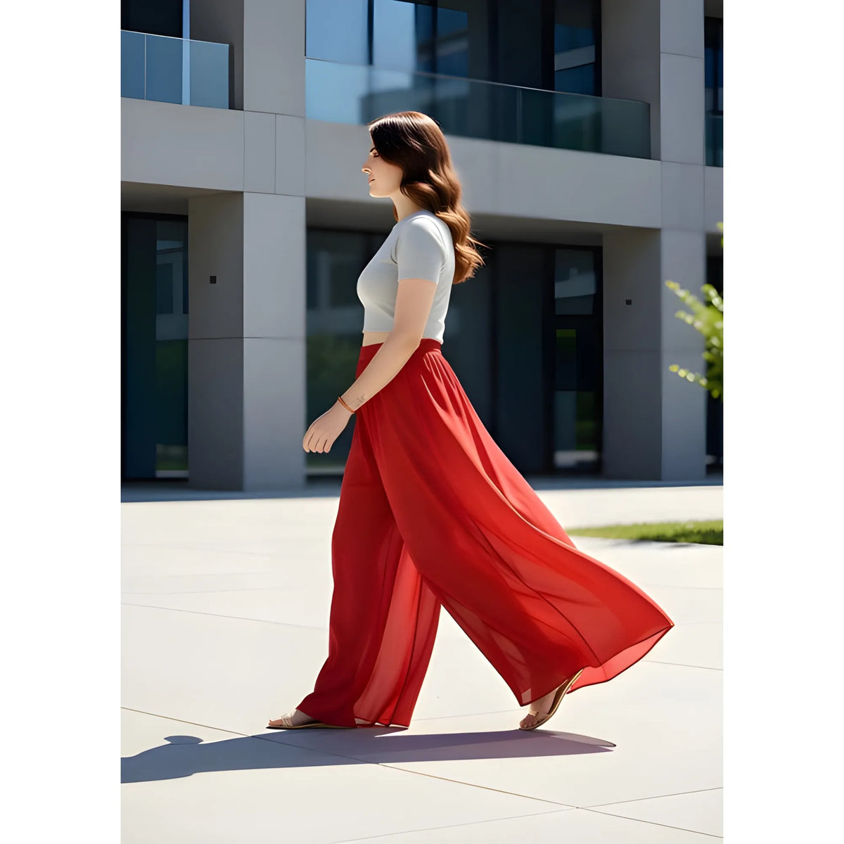 Women's Pack of 1 Georgette Solid High Rise Wide Leg Flared Palazzo with Elastic Waist (Red)
