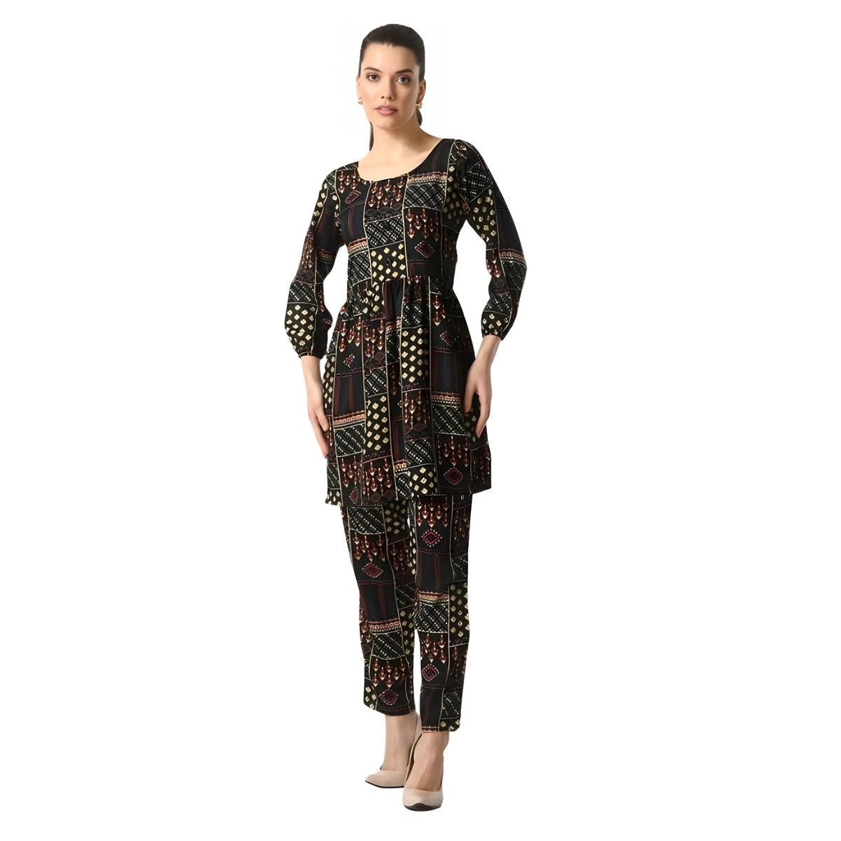 Women's Casual Crepe 3-4th Sleeves Cord Set (Black)