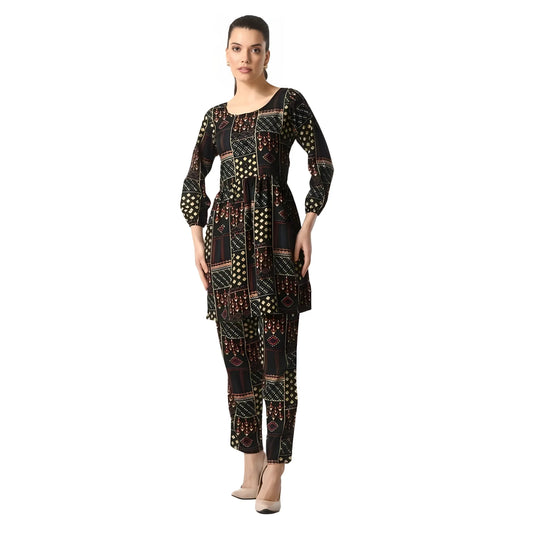 Women's Casual Crepe 3-4th Sleeves Cord Set (Black)