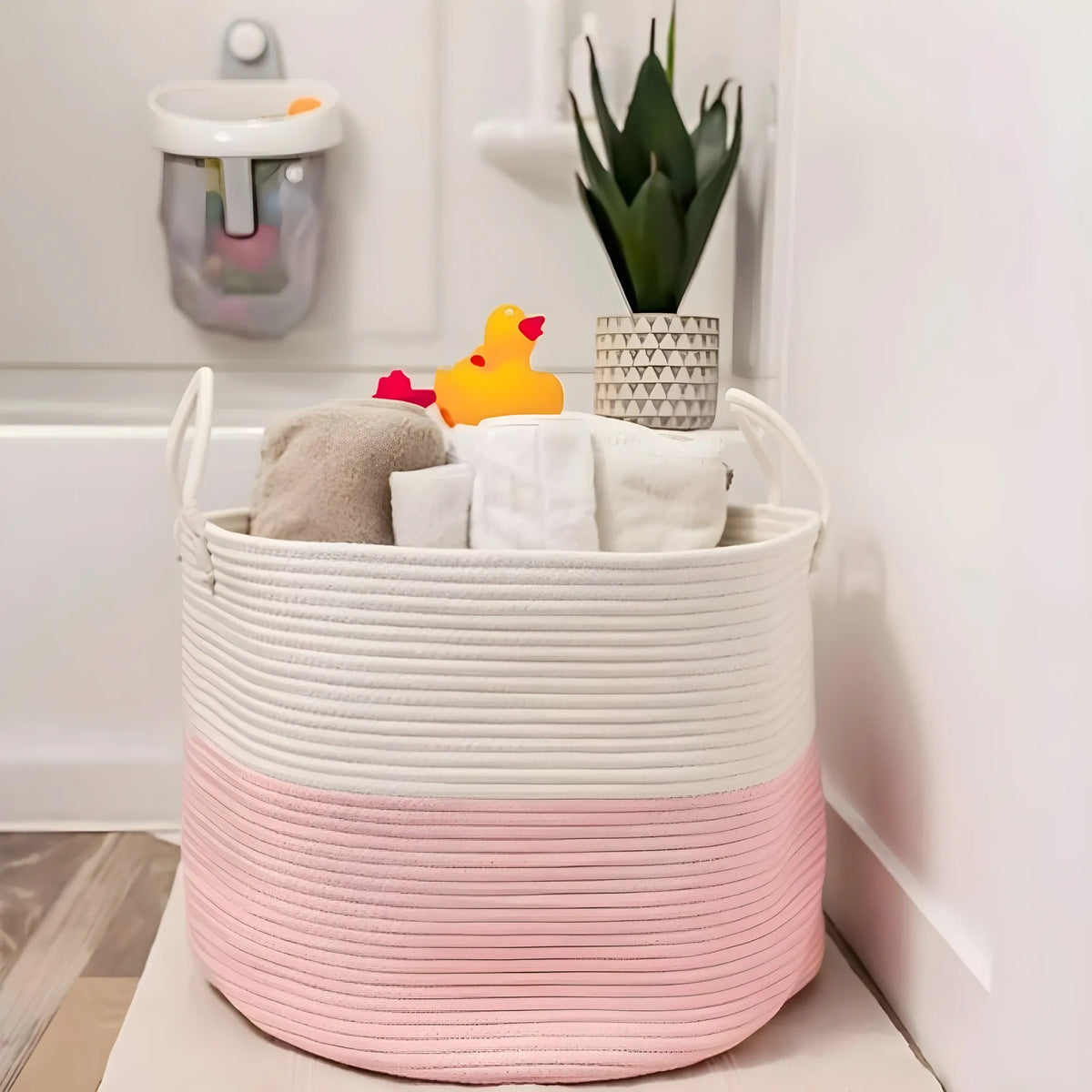 Cotton Pack Of_1 14x12 Inch Laundry Storage Basket For Clothes (Pink-White)