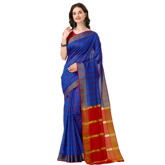 Women's Cotton Silk Checkered Saree With Unstitched Blouse 5.5Mtr (Blue)
