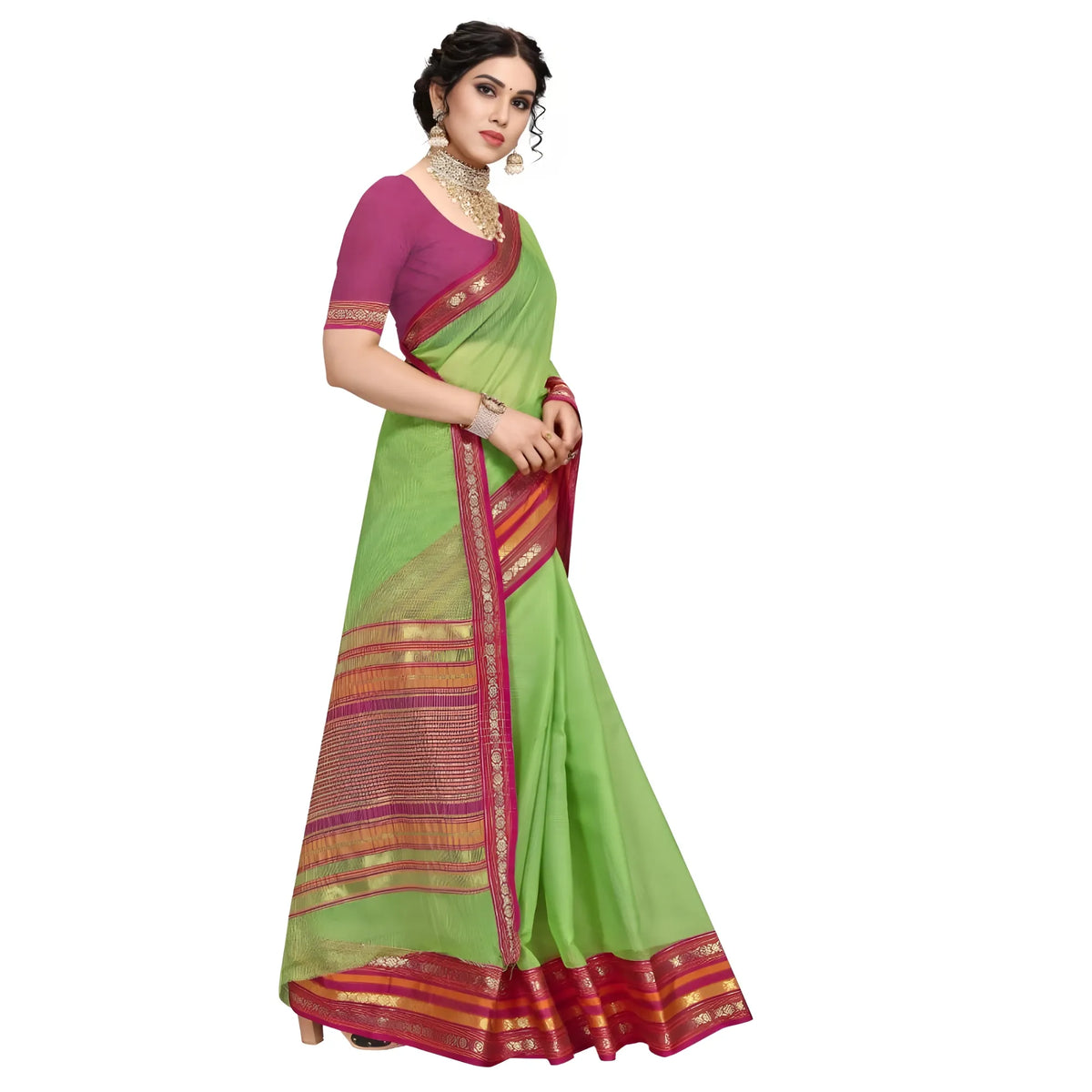 Women's Kota Doria Cotton Bordered Saree With Blouse (Light Green, 5-6 Mtrs)