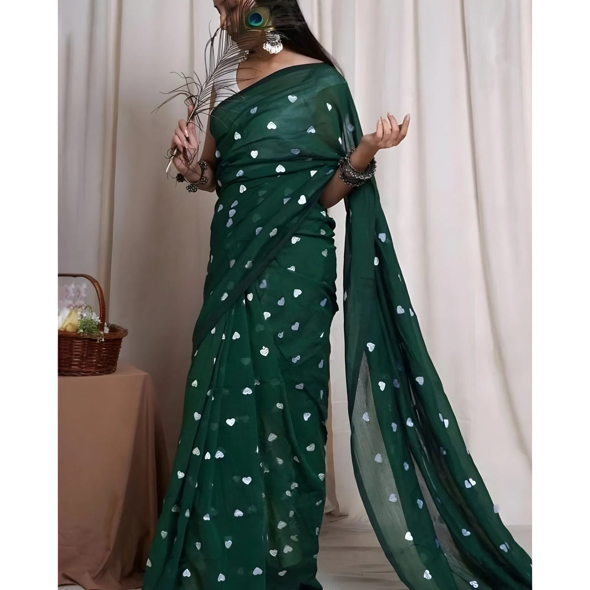 Women's Linen Printed Saree With Unstitched Blouse 5.5Mtr (Green)