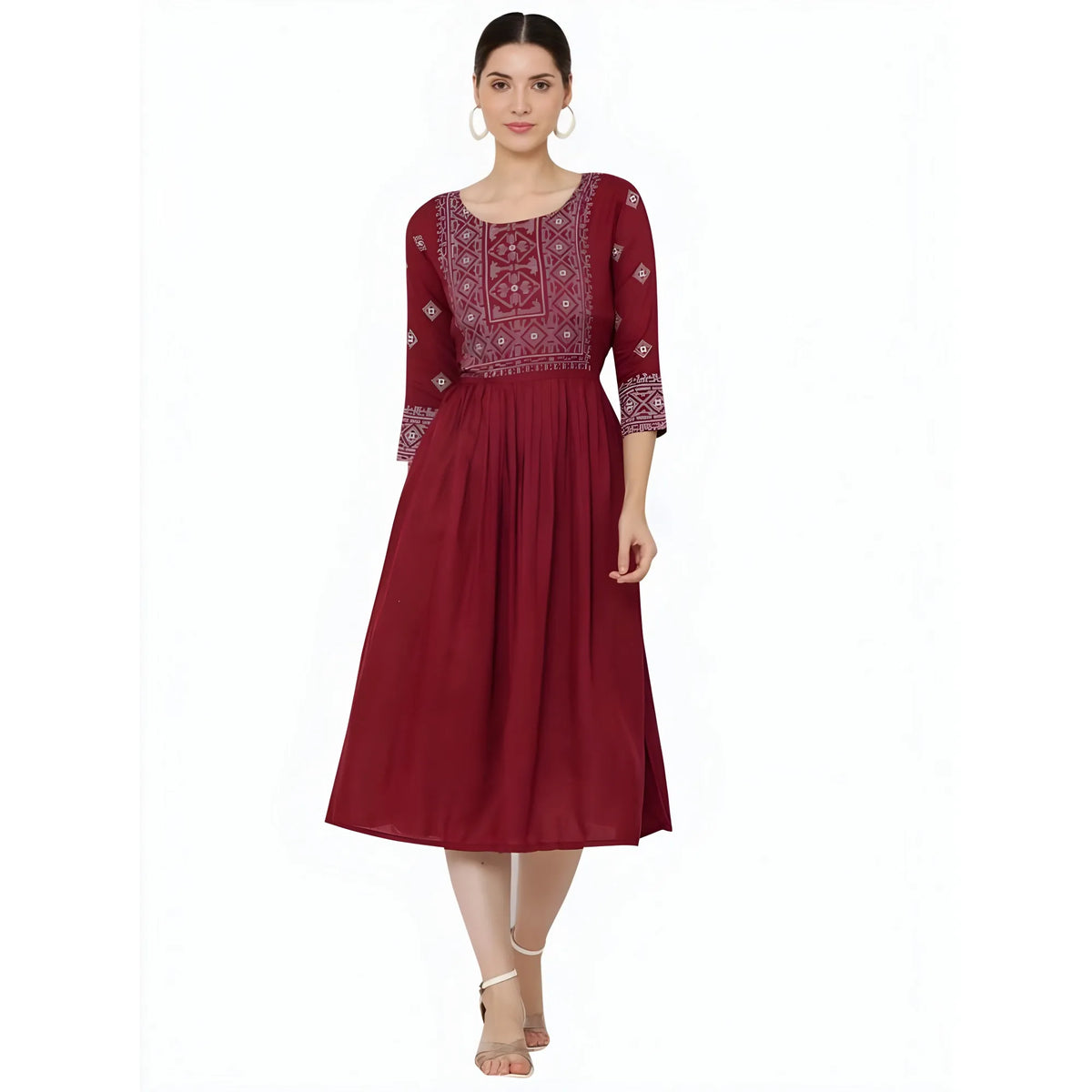 Women's Casual Rayon 3-4th Sleeves Kurti (Maroon)