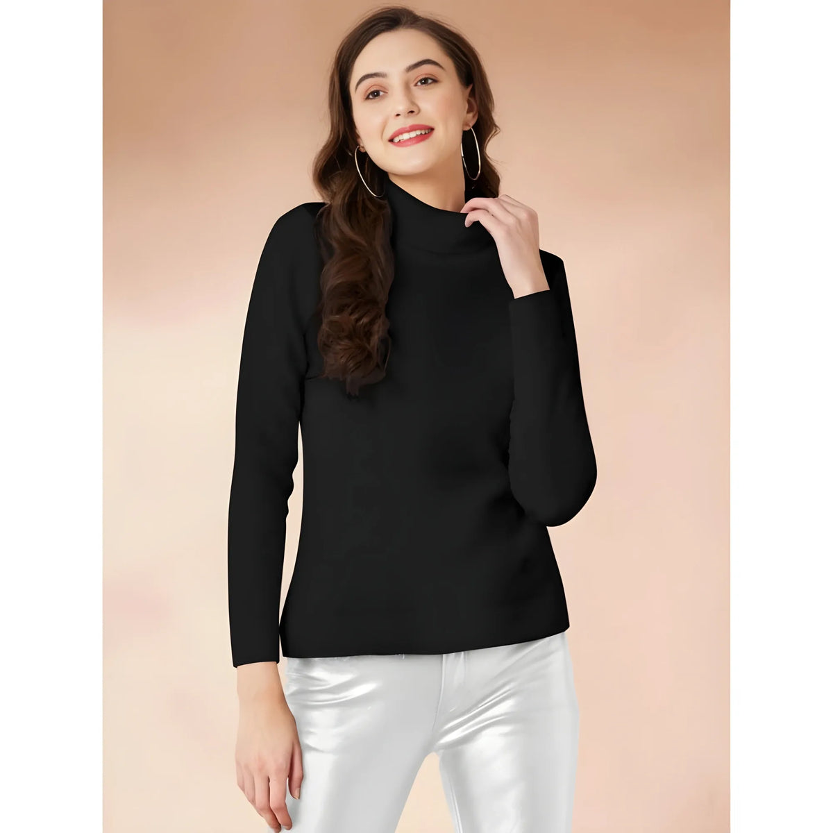 Women's Polyester Solid High Neck Full Sleeve T-Shirt (Black)
