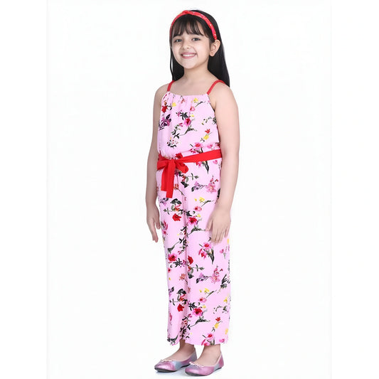 Girl's Polyester Crepe Floral Shoulder Straps Jumpsuit (pink Red) | Kids Signature Collection
