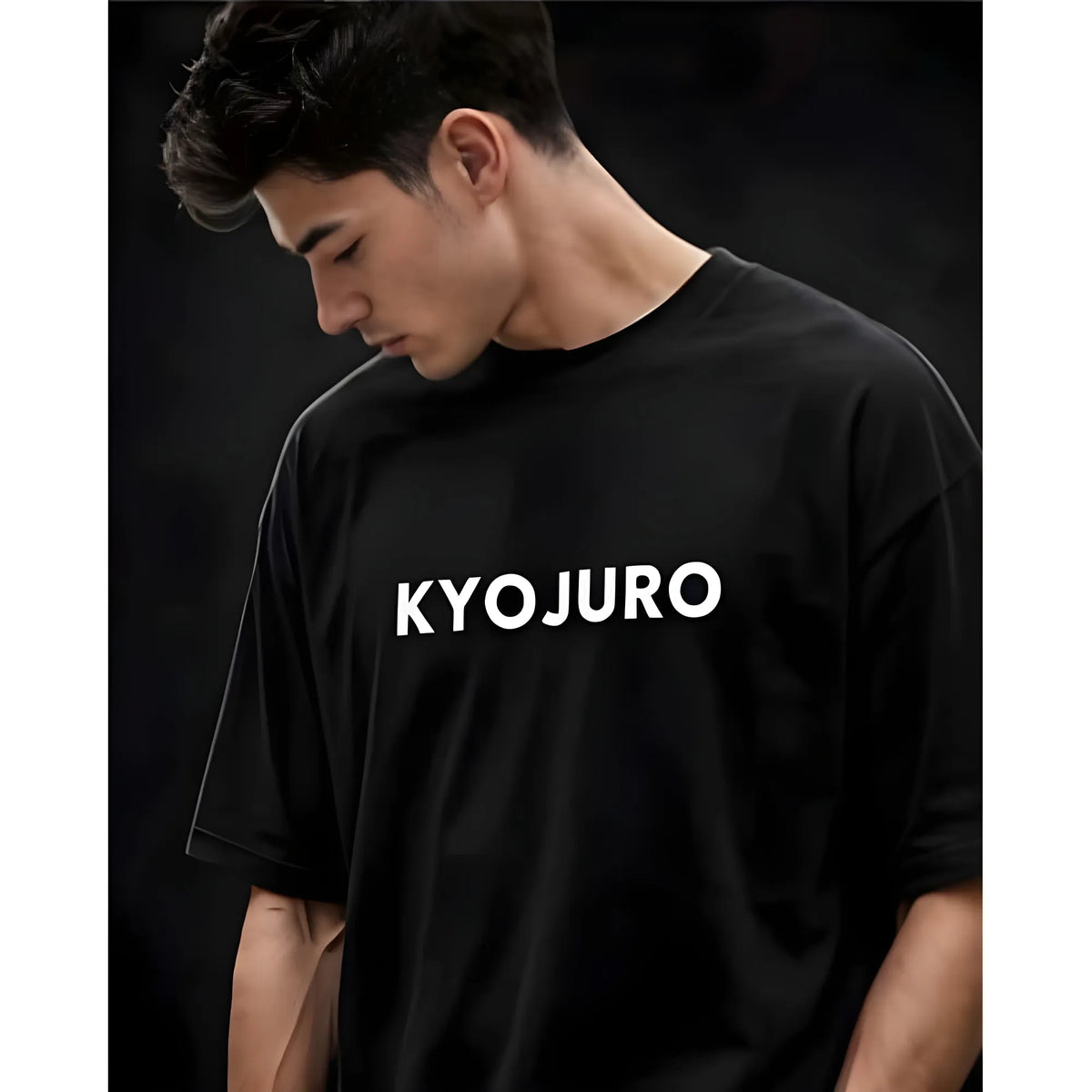 Men's Cotton Blend Printed Oversized Round Neck Half Sleeve T-Shirt (Black)