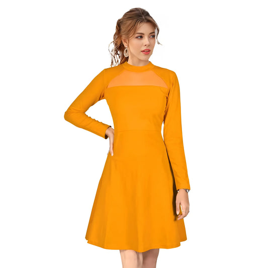 Women's Knitting stretchable Solid Round Neck Full Sleeve Dress (Yellow)