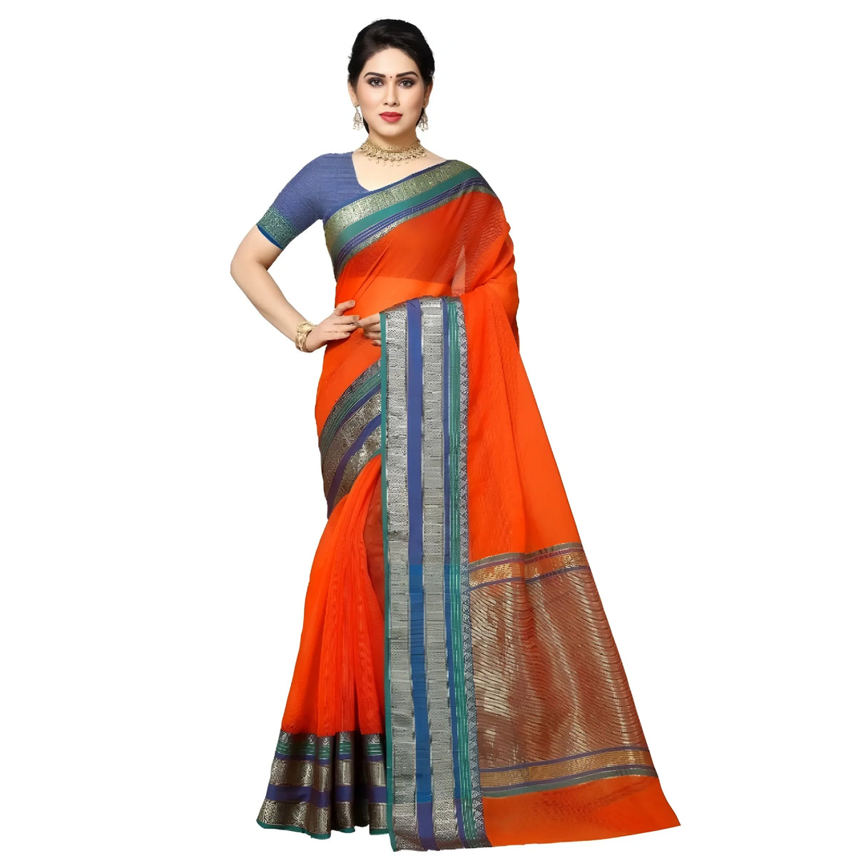 Women's Kota Doria Cotton Border Saree With Blouse (Fanta, 5-6 Mtrs)