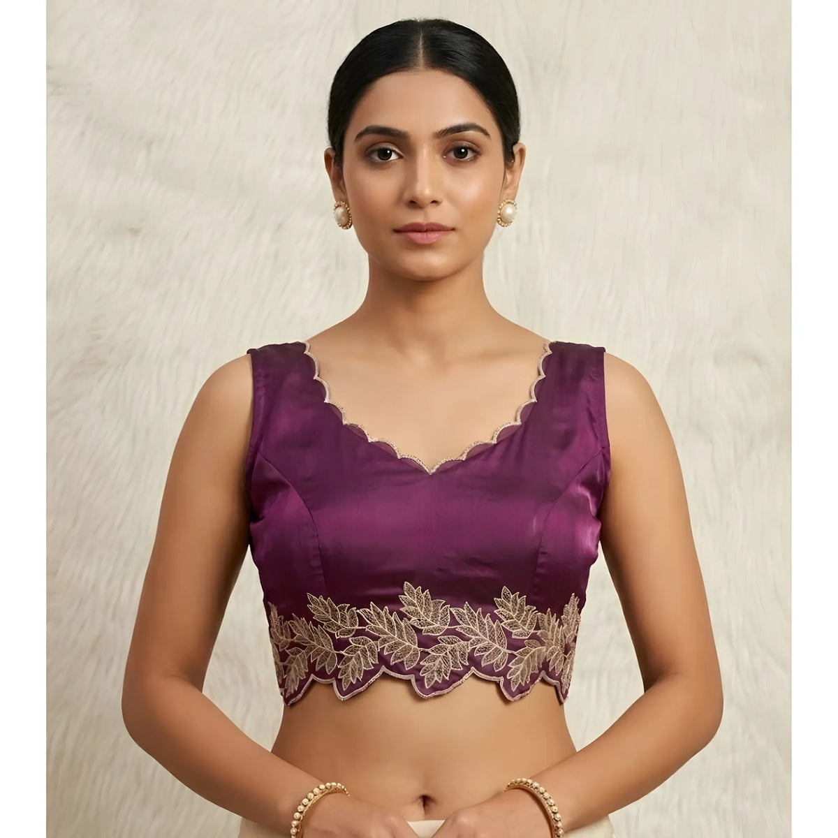 Women's Silk Embroidered Sweetheart Neck Sleeveless Readymade Padded Blouse (Wine, Size 38)