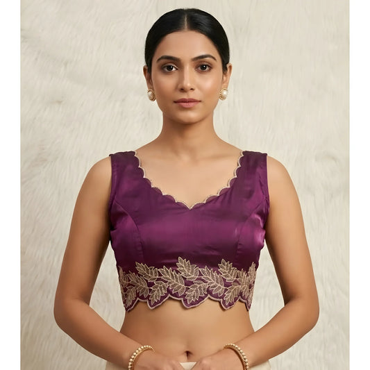 Women's Silk Embroidered Sweetheart Neck Sleeveless Readymade Padded Blouse (Wine, Size 38)