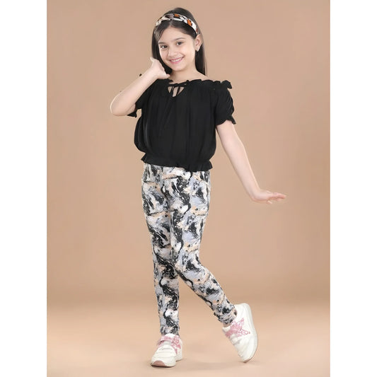 Girl's Cotton Floral Elasticated Jegging And Top Set (black) | Kids Signature Collection