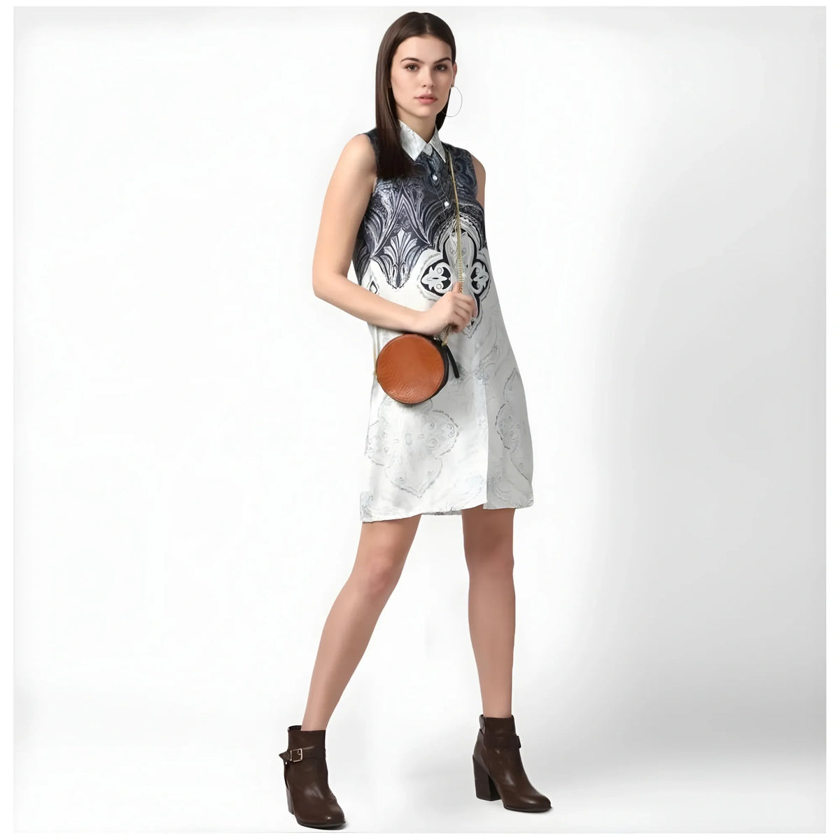 Women's Polyester Printed Sleeveless Above Knee Dress (Blue)
