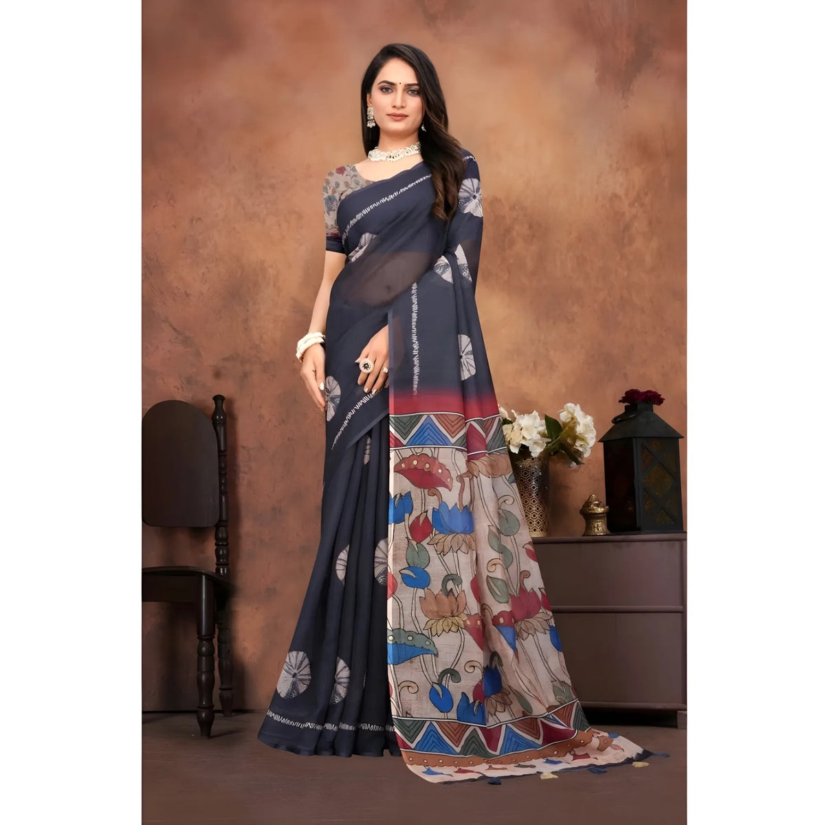 Rivana Linen Printed Saree With Unstitched Blouse