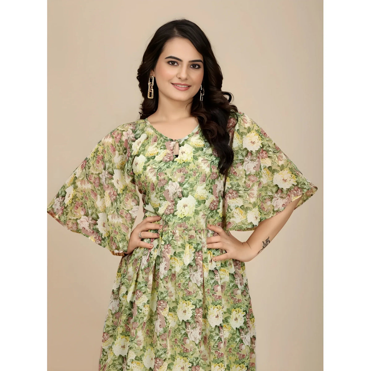 Women's Georgette Printed Round Neck Short Sleeve Dress (green) | Women Signature Collection