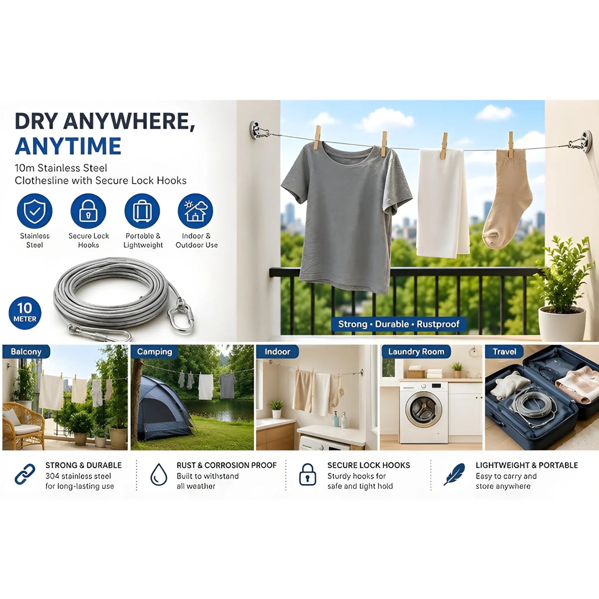 Solara Stainless Steel Clothes Drying Rope With Hooks Meter