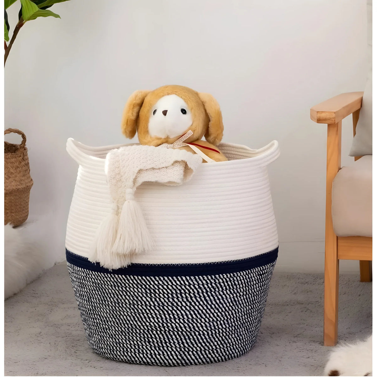 Cotton Matka 14x12 Inch Storage Basket For Clothes With Out Lid (Gray-White)