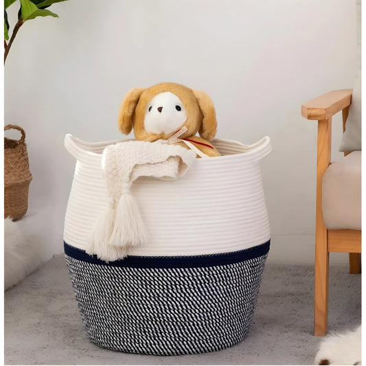Cotton Matka 14x12 Inch Storage Basket For Clothes With Out Lid (Gray-White)