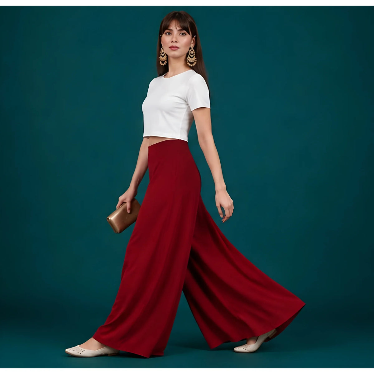 Women's Georgette Solid Mid-Rise Wide Leg Flared Palazzo with Elastic Waist (Maroon)
