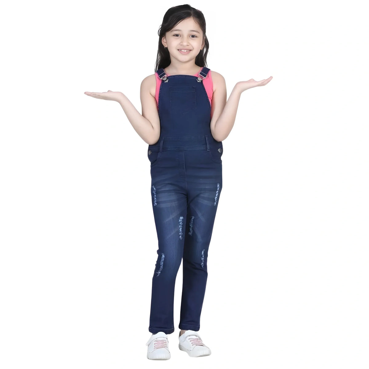 Girl's Denim Distressed Buttoned Dungaree (blue) | Kids Signature Collection