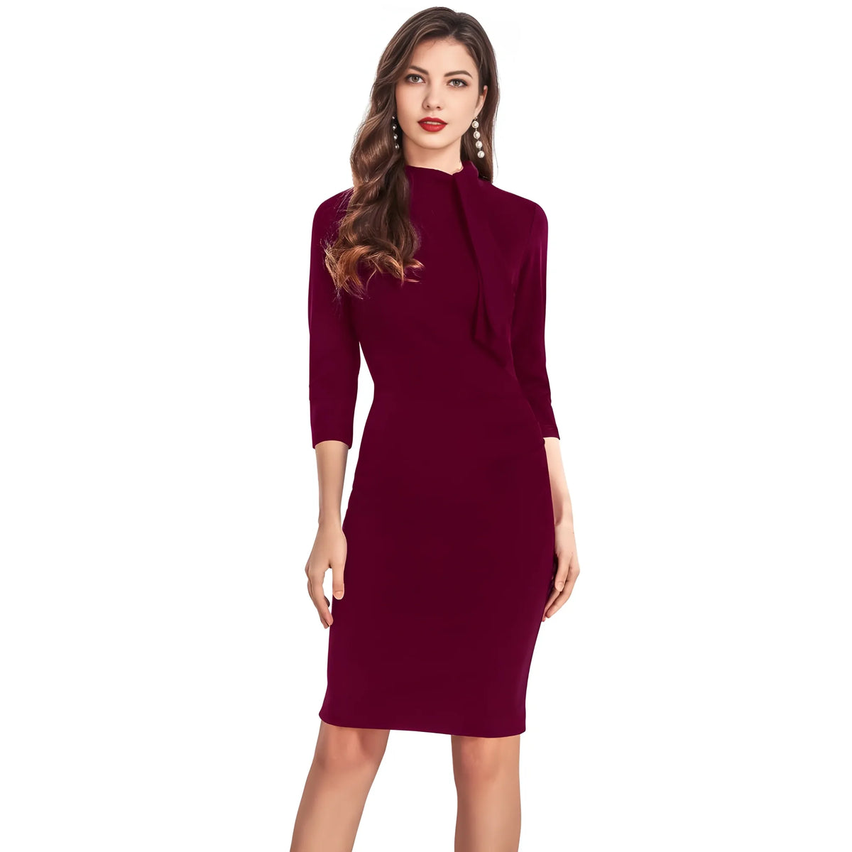 Women's Knitting stretchable Solid Round Neck 3-4th Dress (Maroon)