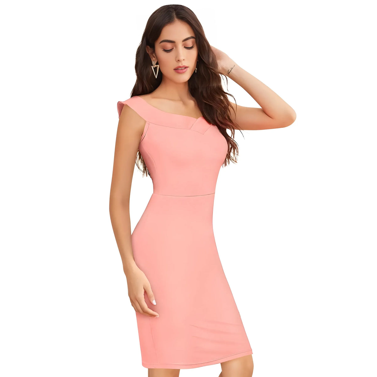 Women's Knitting stretchable Solid Round Neck Sleeveless Dress (Peach)