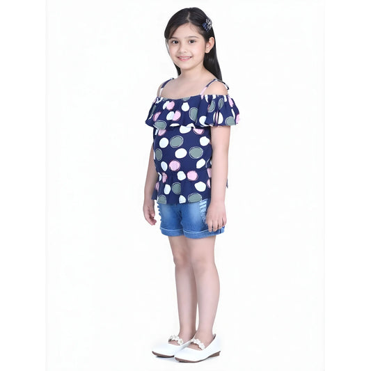 Girl's Rayon Solid Cold Shoulder Top With Shorts (navy Blue) | Kids Signature Collection