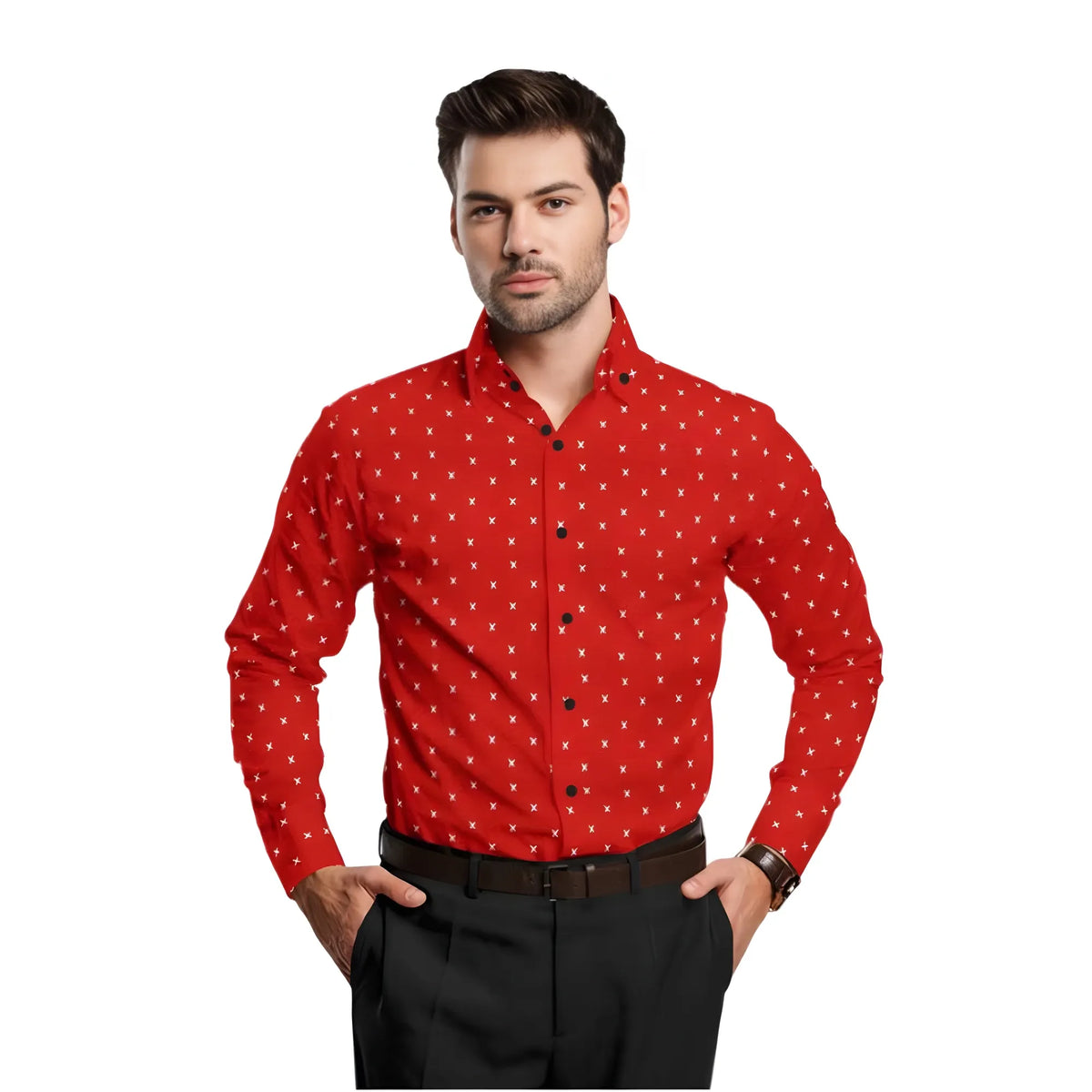 Men's Cotton Blended Printed Full Sleeve Shirt (Red)
