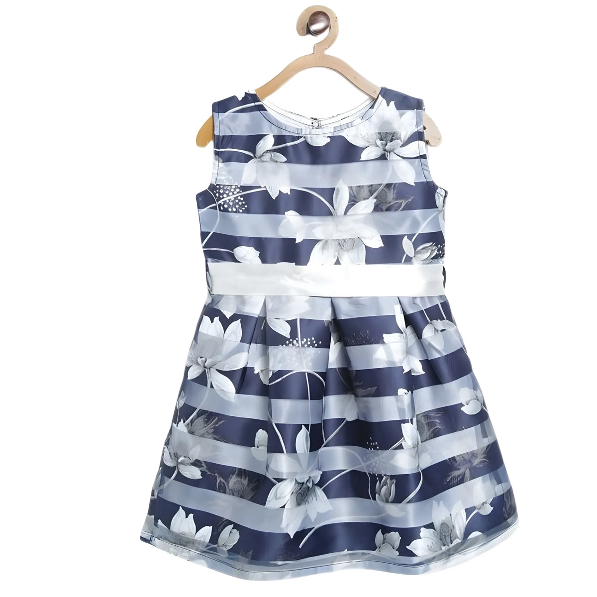 Girl's Polyester Striped Sleeveless Dress (navy Blue) | Kids Signature Collection