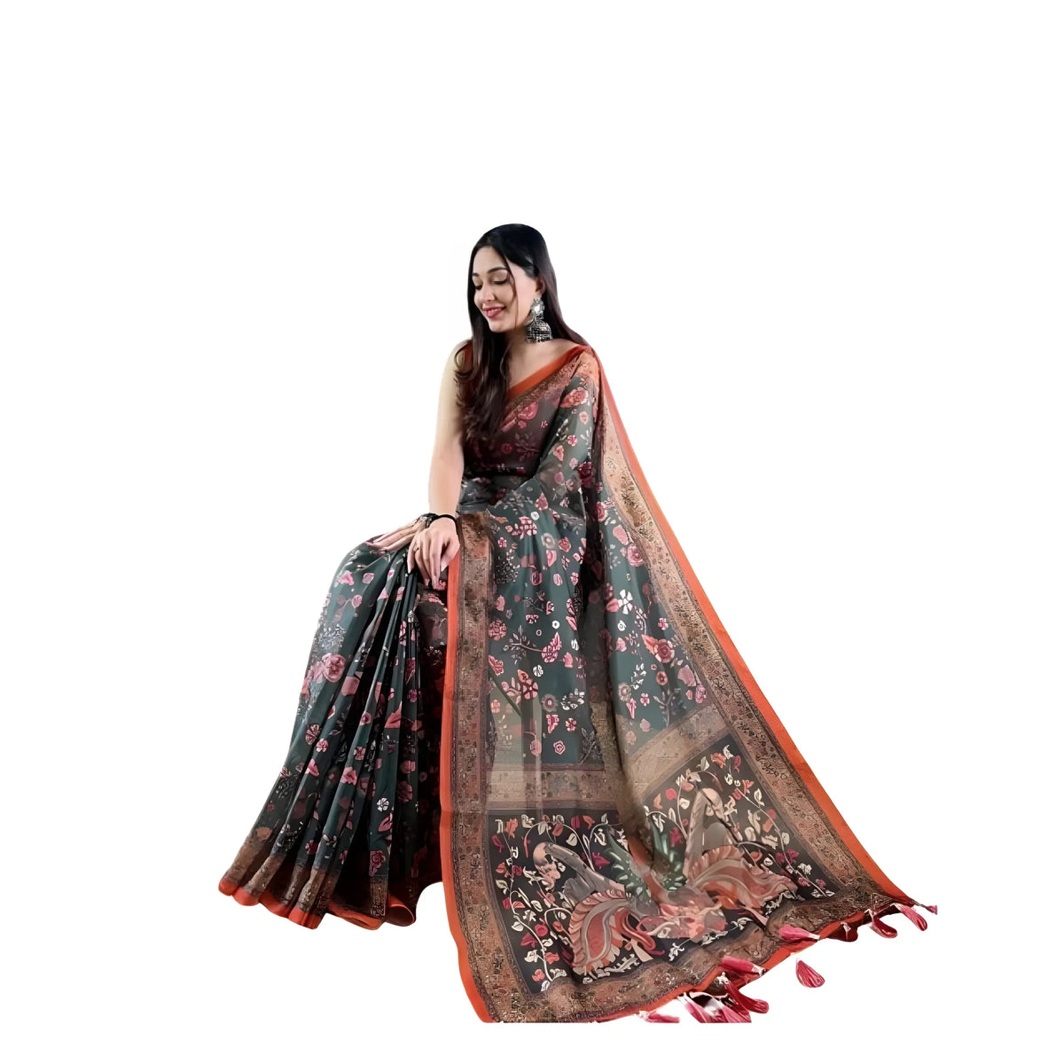 Women's Linen Printed Saree With Unstitched Blouse 5.5Mtr  (Green)