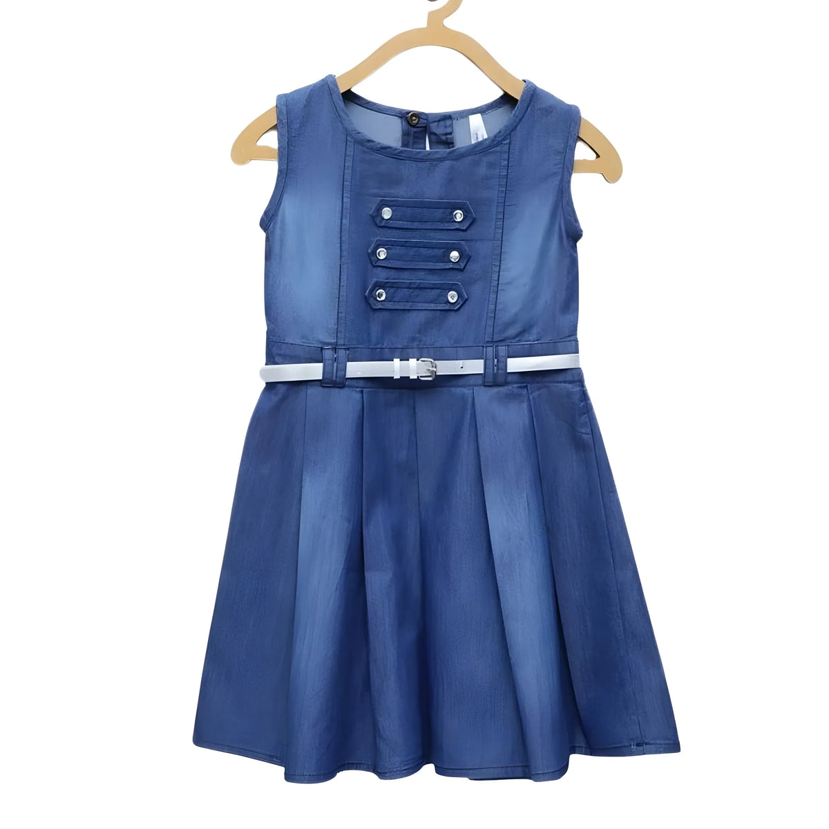 Girl's Denim Embellished Sleeveless Dress With Belt (blue) | Kids Signature Collection