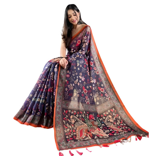 Virelle Linen Printed Saree With Unstitched Blouse