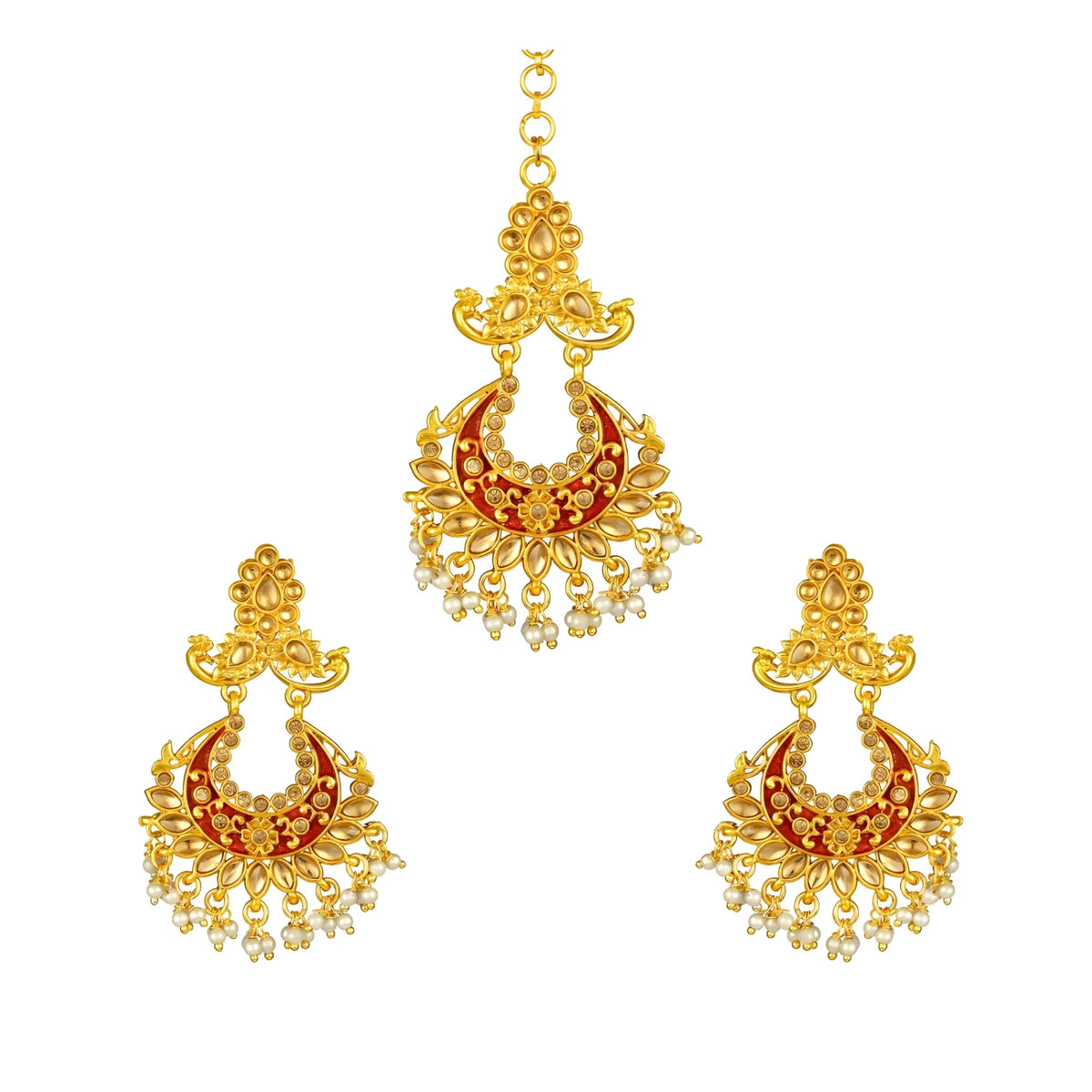 Women's Rose Gold Plated Alloy Kundan Earrings &amp; Mangtikka (Maroon)