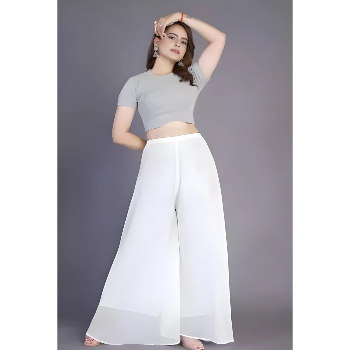 Women's Pack of 2 Georgette Solid High Rise Wide Leg Flared Palazzos with Elastic Waist (White)