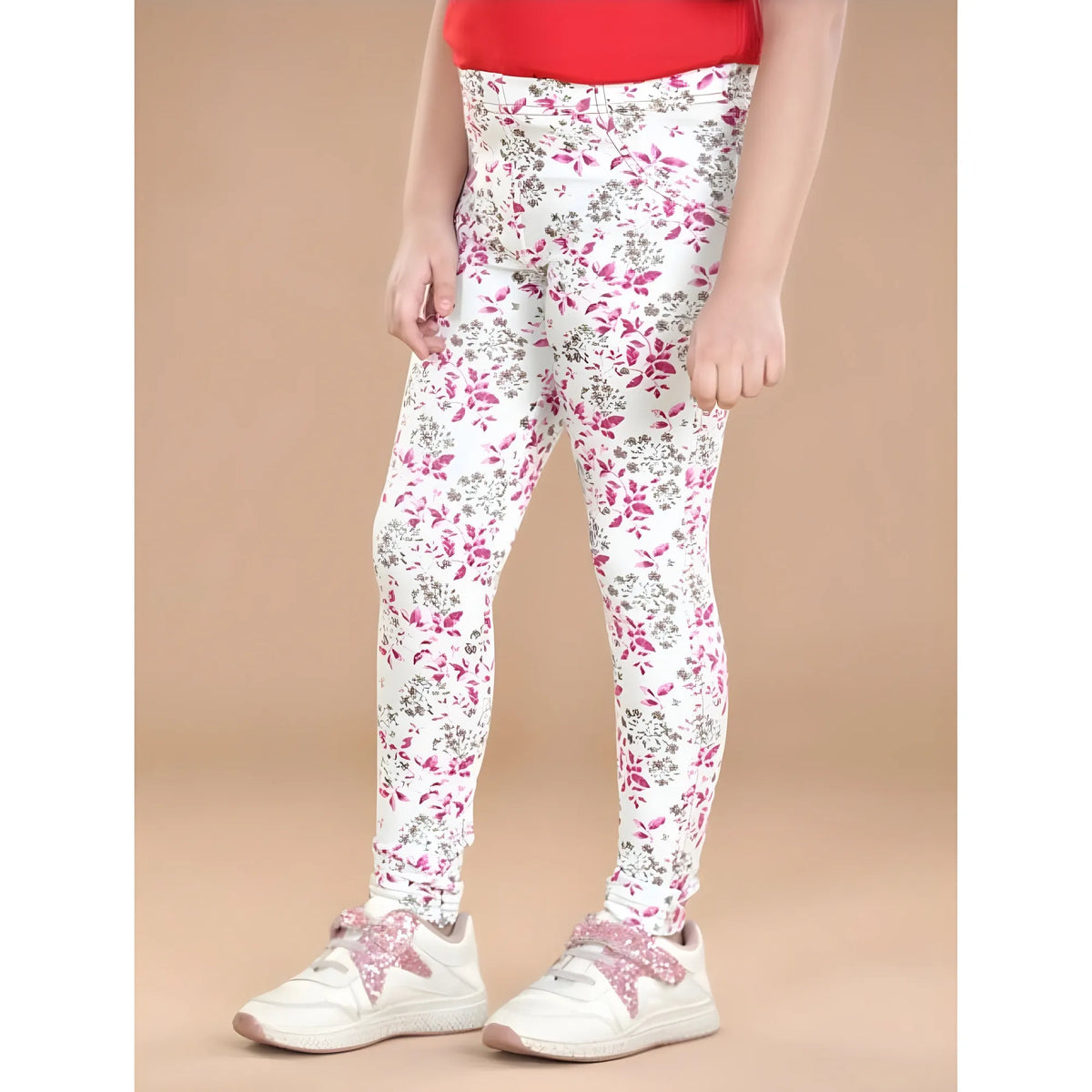 Girl's Cotton Lycra Floral Elasticated Jeggings (White-Pink)