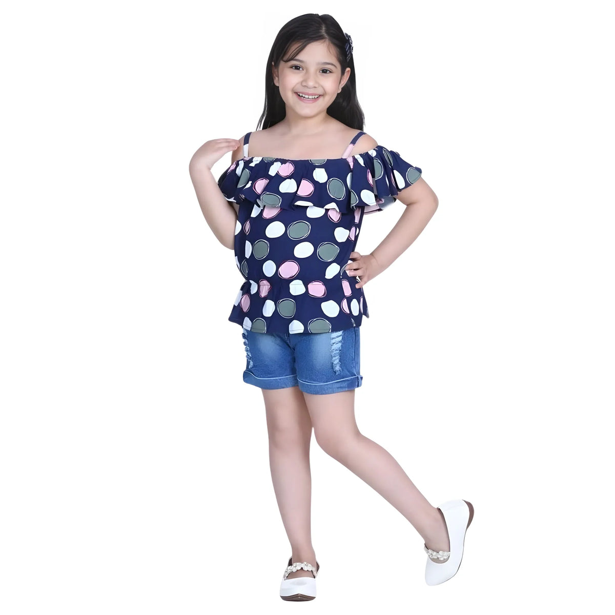 Girl's Rayon Solid Cold Shoulder Top With Shorts (navy Blue) | Kids Signature Collection