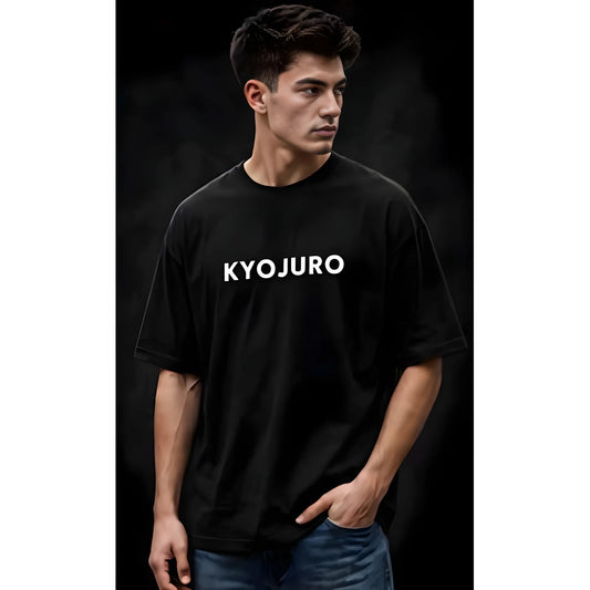 Men's Cotton Blend Printed Oversized Round Neck Half Sleeve T-Shirt (Black)