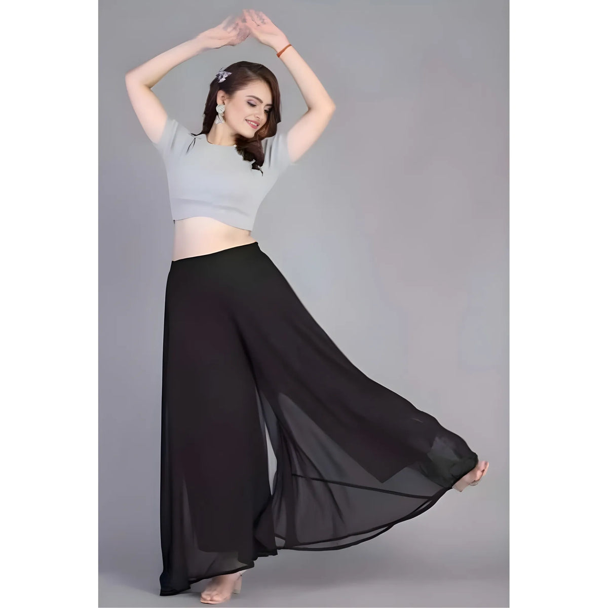 Women's Pack of 1 Georgette Solid High Rise Wide Leg Flared Palazzo with Elastic Waist (Black)