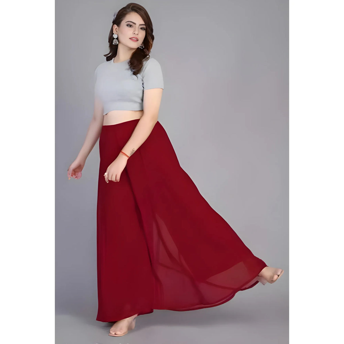 Women's Pack of 2 Georgette Solid High Rise Wide Leg Flared Palazzos with Elastic Waist (Maroon)