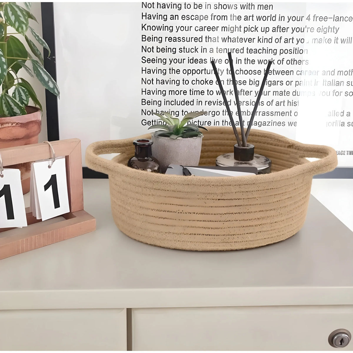 Cotton 8x3 Inch Round Bedside Organizer With Out Lid (Beige)