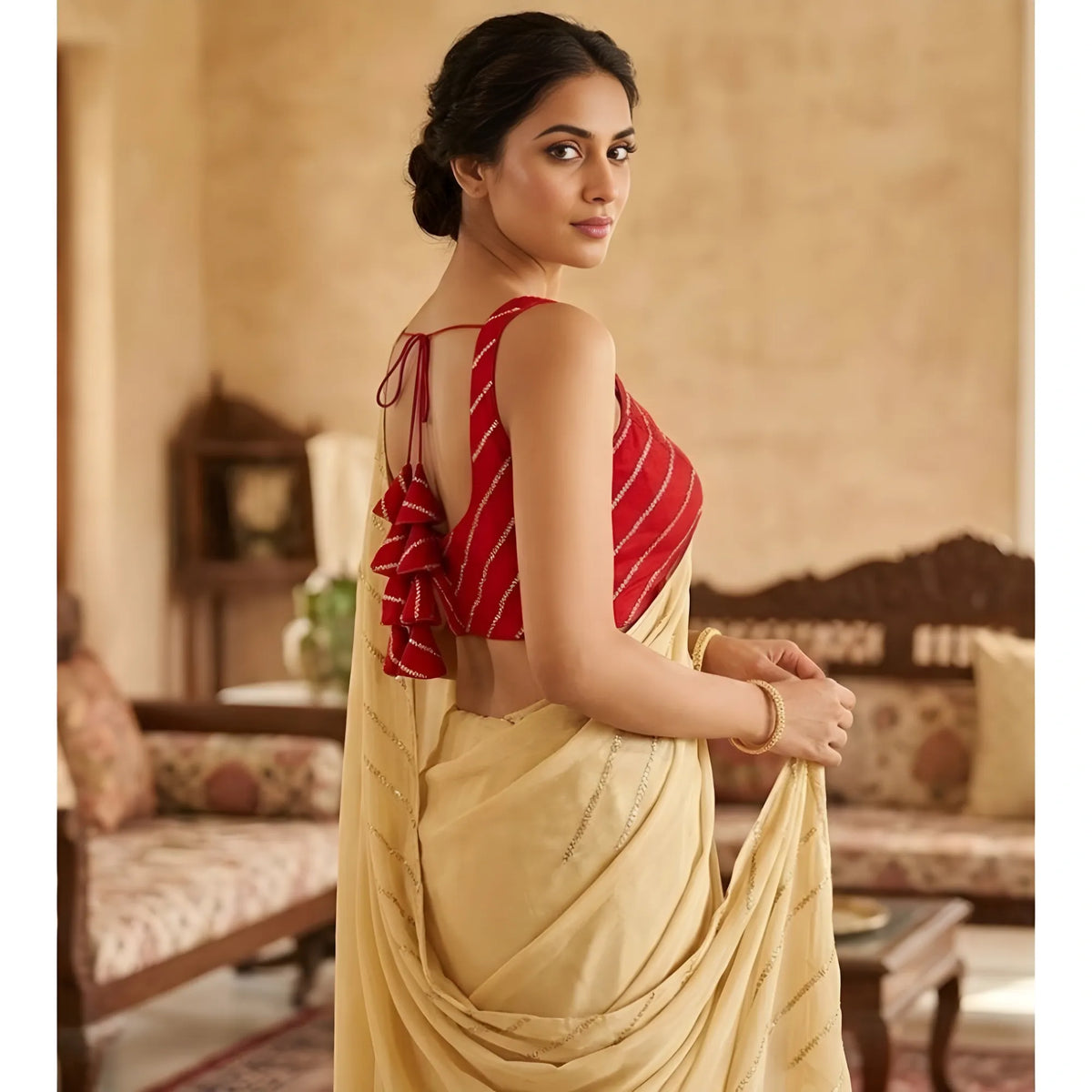 Women's Silk Embellished Sweetheart Neck Sleeveless Readymade Padded Blouse (Red, Size 38)