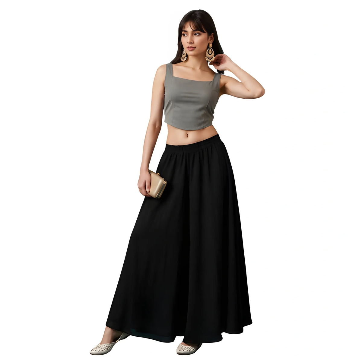 Women's Georgette Solid Mid-Rise Wide Leg Flared Palazzo with Elastic Waist (Black)