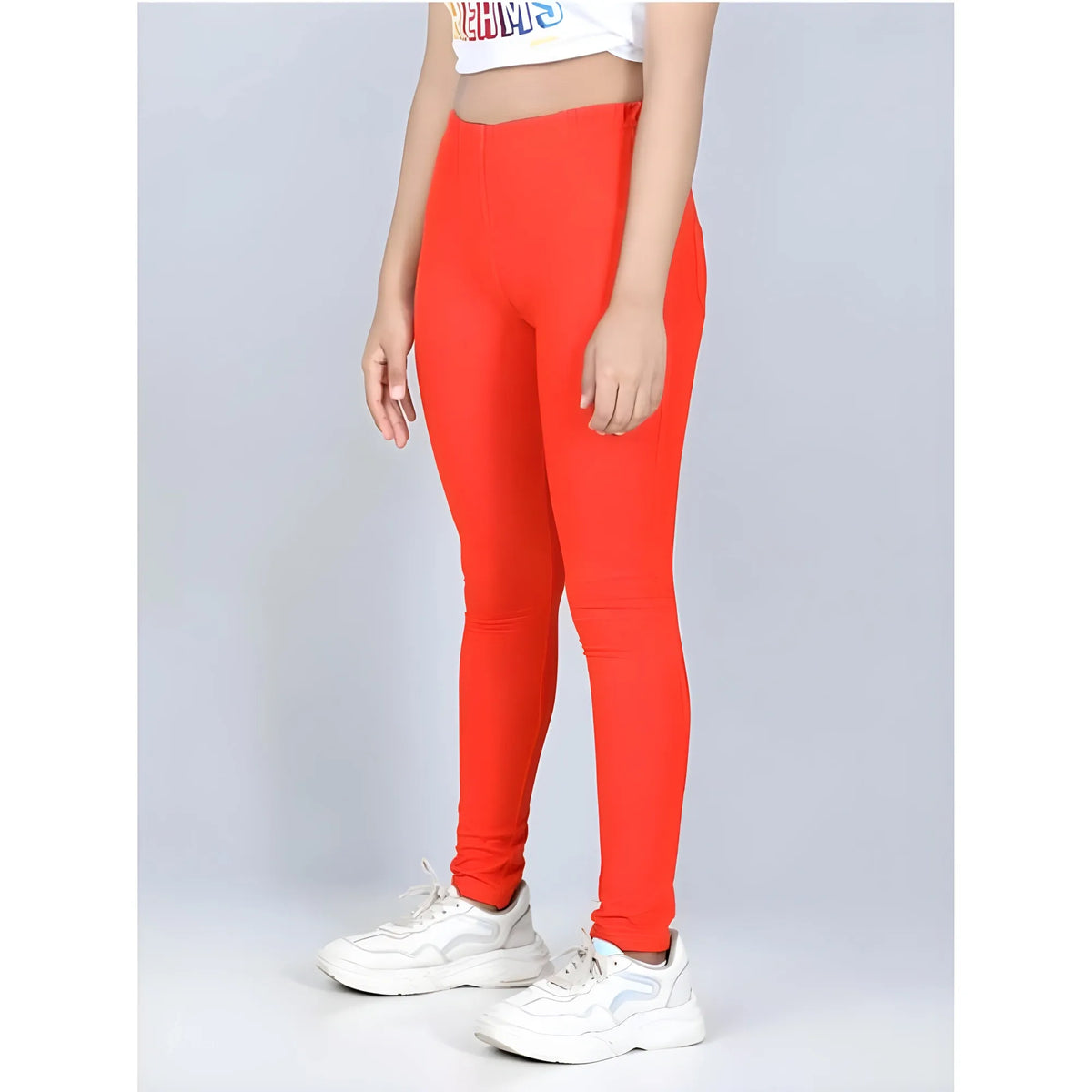 Girl's Cotton Lycra Solid Elasticated Jeggings (Orange)