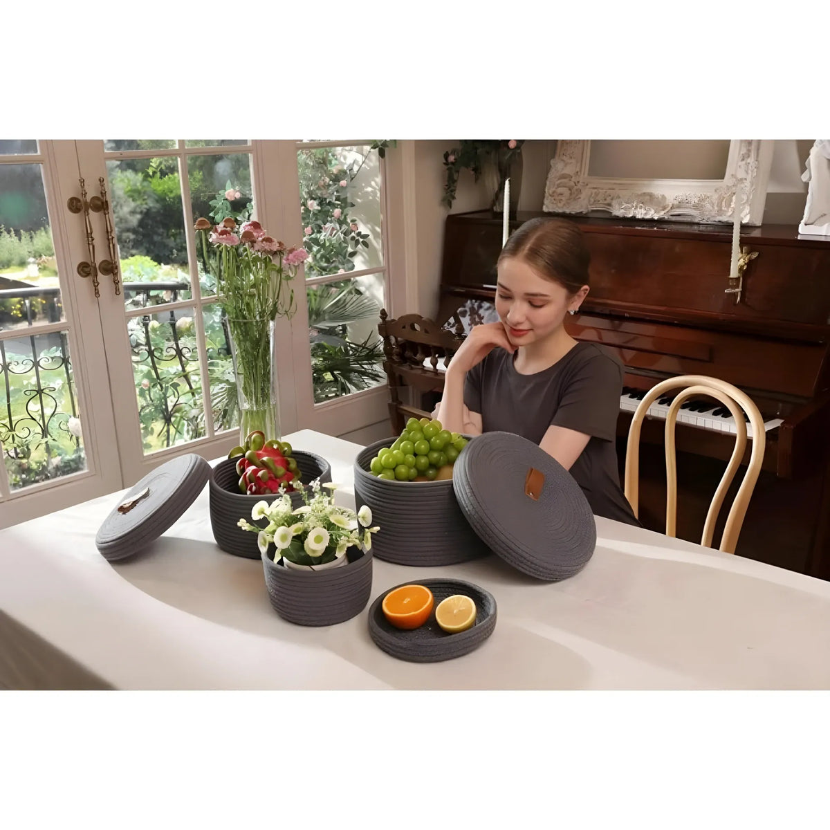 Cotton 3 Pcs Set Roti Box Storage Basket With Lid (Gray)