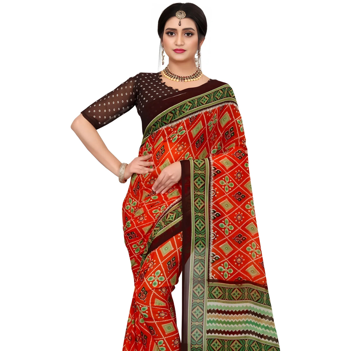 Women's Georgette Floral Print Saree With Unstitched Blouse 5.5Mtr (Red)