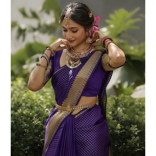 Women's Banarasi Silk Printed Saree With Unstitched Blouse 5.5Mtr (Purple)
