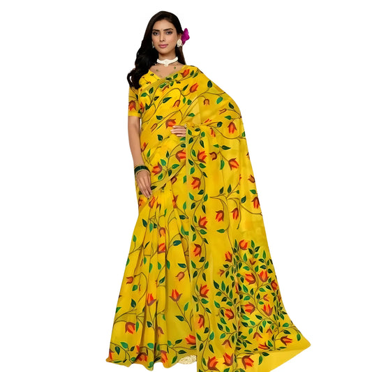 Women's Georgette Printed Saree With Unstitched Blouse 5.5Mtr  (Yellow)
