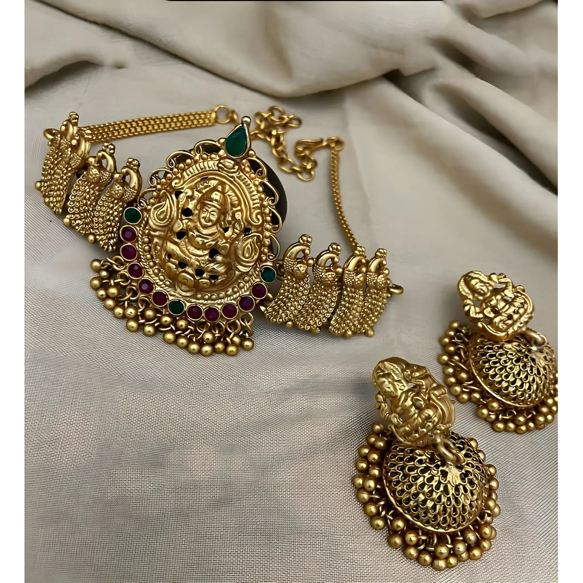 Women's Traditional Temple Necklace and Earrings Set in Gold (Multi Color, Free Size)