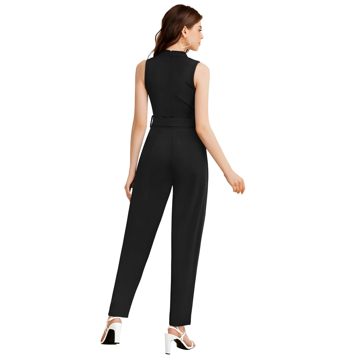 Women's Knitting stretchable Solid Round Neck Sleeveless Jumpsuit (Black)